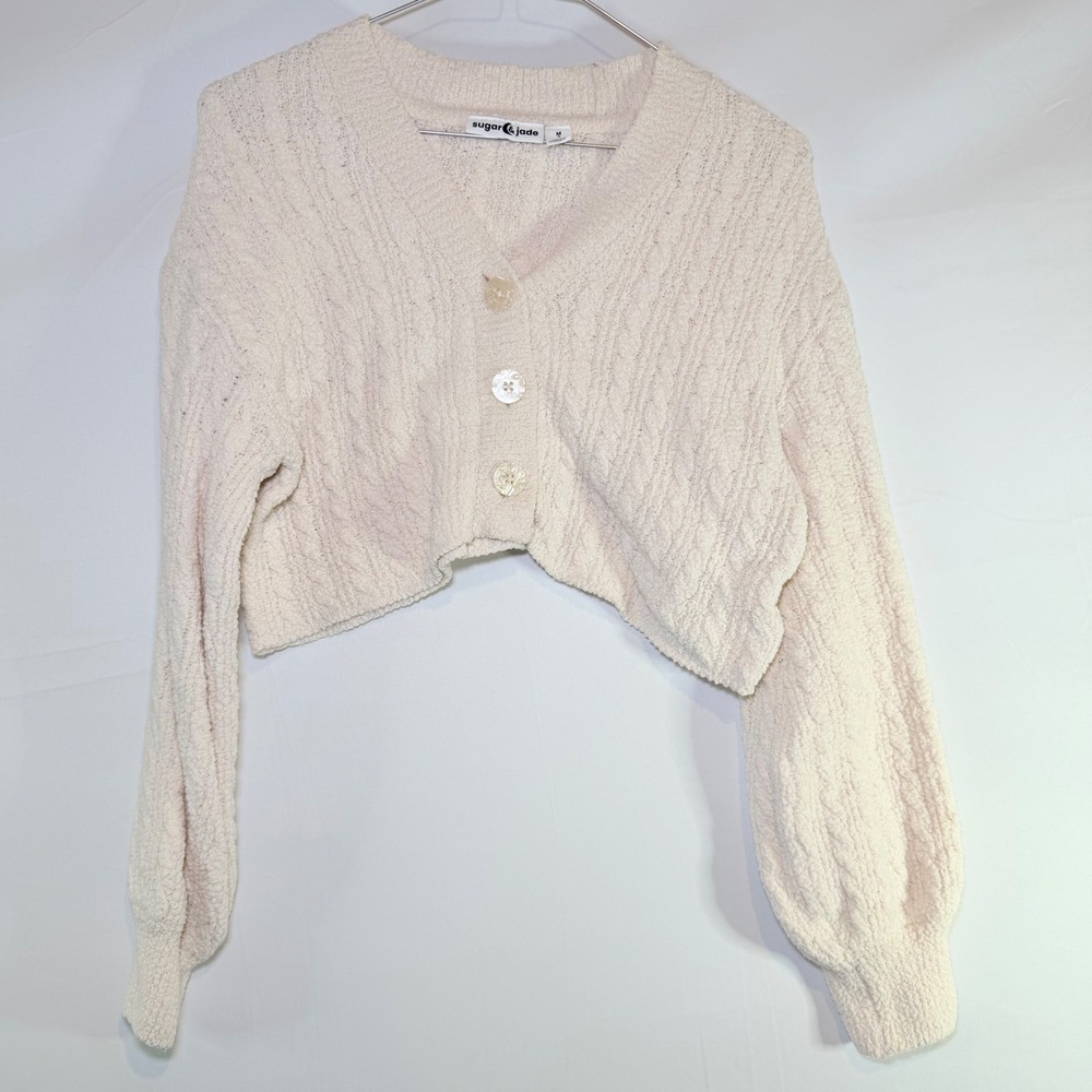 Sugar &‎ Jade Girls Cream Chenille Cable Knit Cropped Cardigan Sweater Size M 10